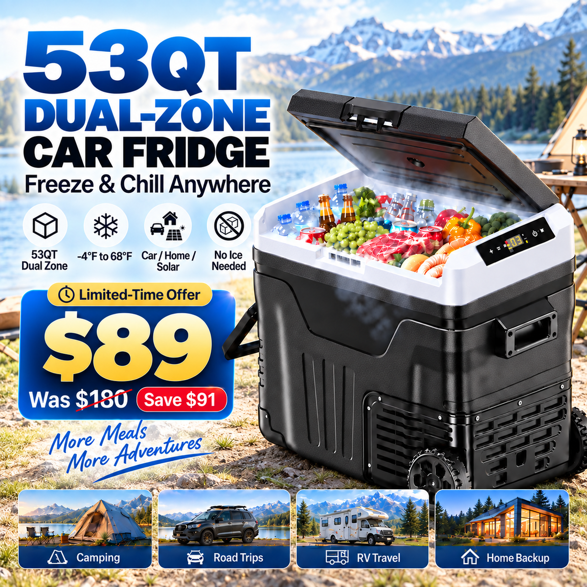 53QT 12V Portable Car Refrigerator – Dual Zone Fridge & Freezer