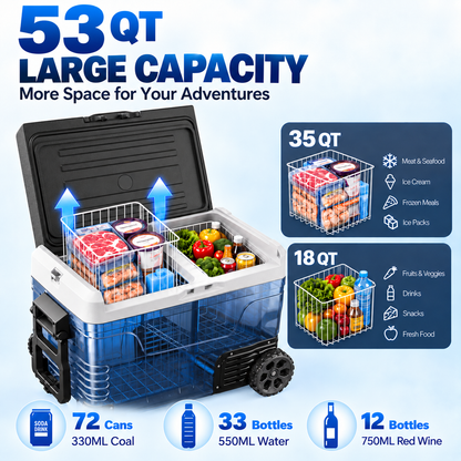 53QT 12V Portable Car Refrigerator – Dual Zone Fridge & Freezer